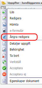 Skärmklipp, meny med flera valmöjligheter.