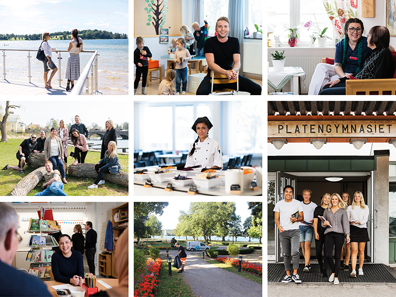 Ett kollage med åtta bilder som visar medarbetare och medborgare från olika verksamheter och miljöer inom Motala kommun.