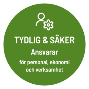 Grön cirkel med texten Tydlig och säker, Ansvarar för personal, ekonomi och verksamhet.