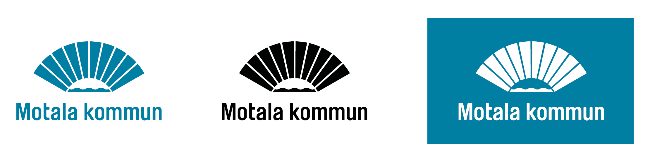 Kommunens logotyp visas i sina tre färgvarianter; blå (Pantone 314), vit och svart.