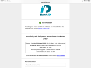 Skärmklipp, signera med bank-id.