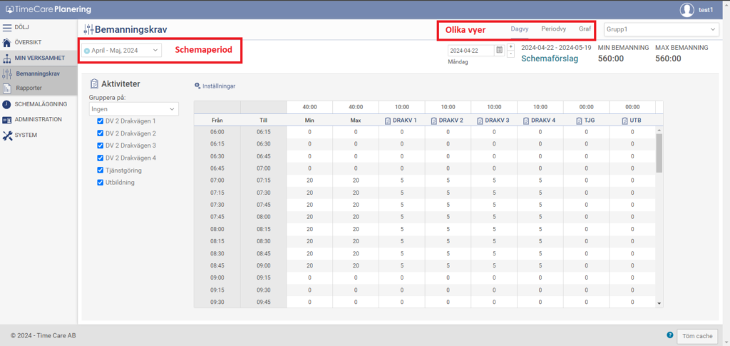 Skärmklipp Time Care MA, Schemaperiod och olika vyer markerade,