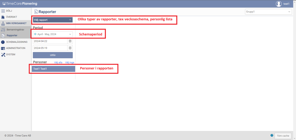 Skärmklipp Time Care MA, vyn Rapporter.