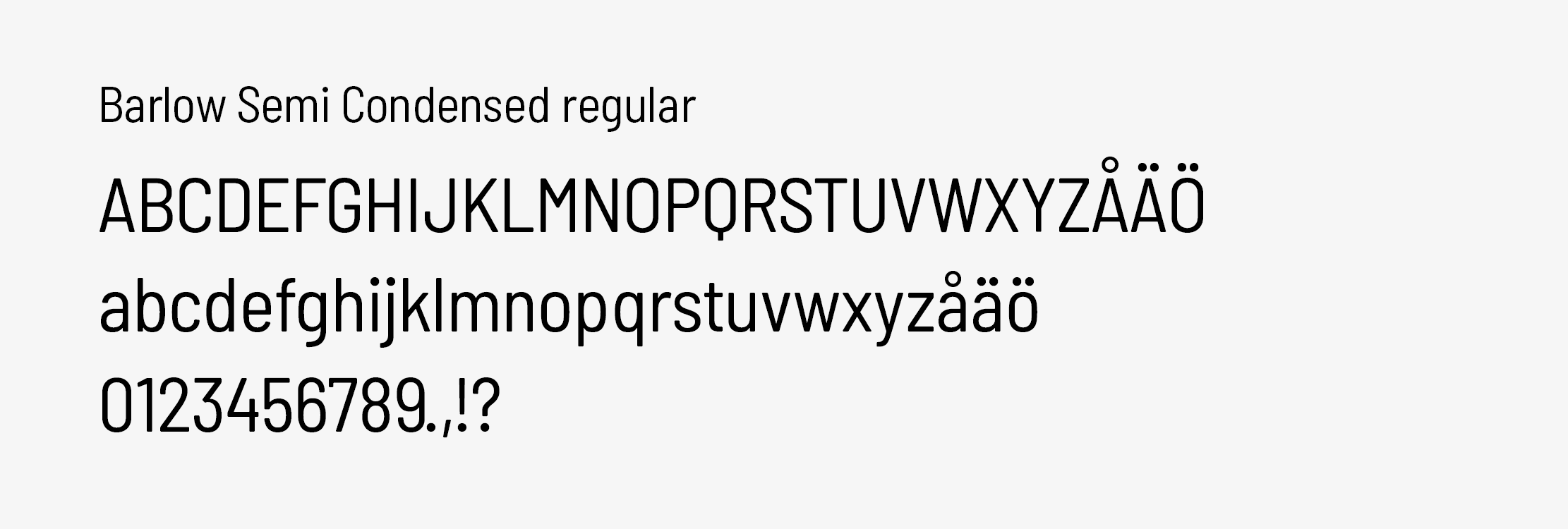 Typsnittet Barlow Semi Condensed regular visas i versala och gemena bokstäver samt i siffror och skiljetecken.