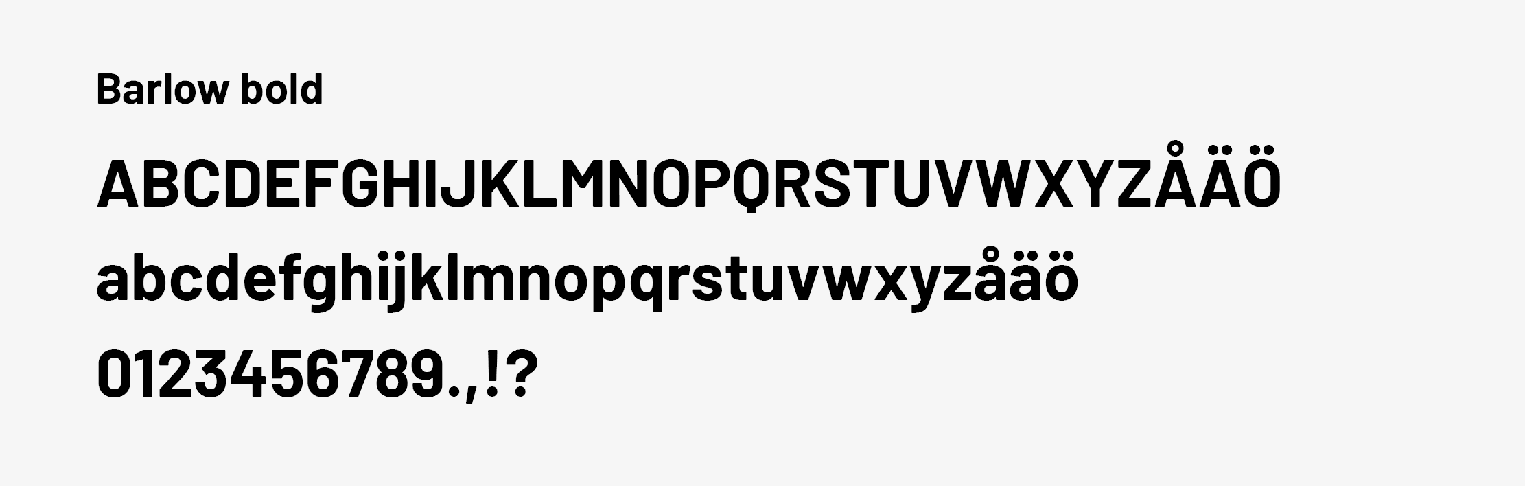 Typsnittet Barlow SemiBold visas i versala och gemena bokstäver samt i siffror och skiljetecken.