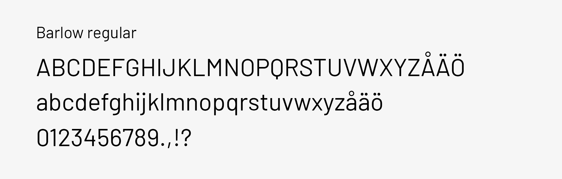 Typsnittet Barlow regular visas i versala och gemena bokstäver samt i siffror och skiljetecken.