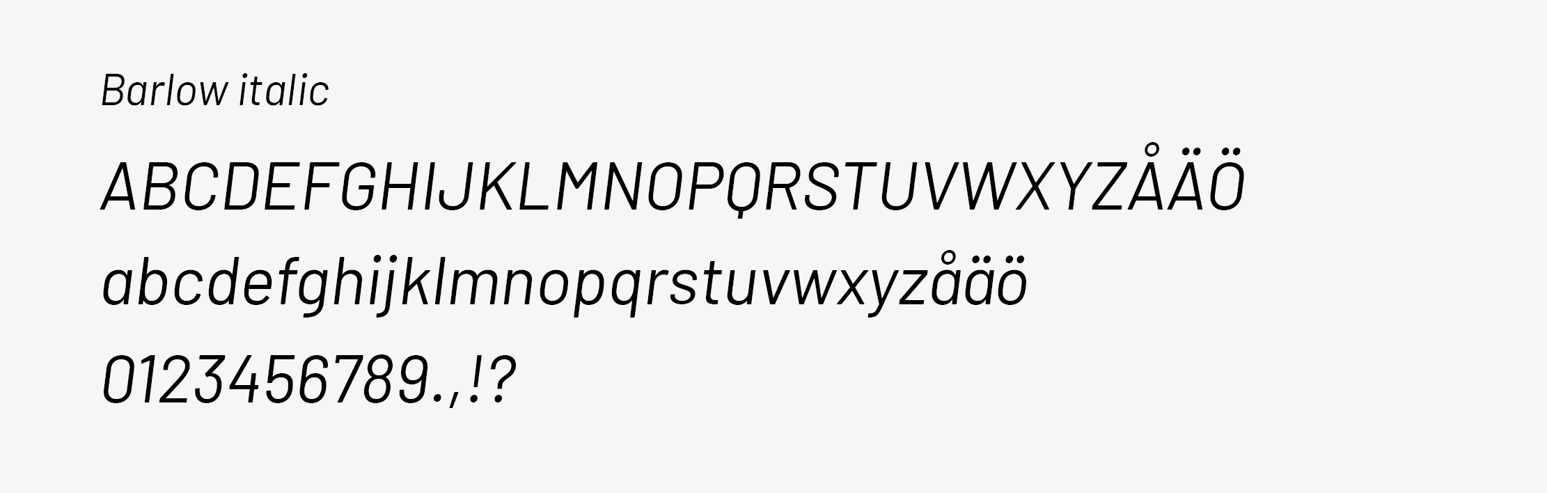 Typsnittet Barlow italic visas i versala och gemena bokstäver samt i siffror och skiljetecken.