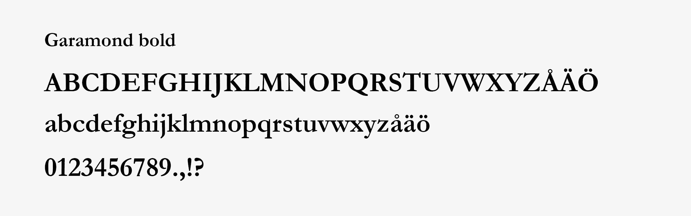 Typsnittet Garamond Bold visas i versala och gemena bokstäver samt i siffror och skiljetecken.