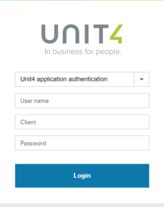 Skärmklipp inloggningsruta, Unit4 application authentication valt.
