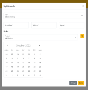 Skärmklipp som visar kalenderfunktion för däckbokning.