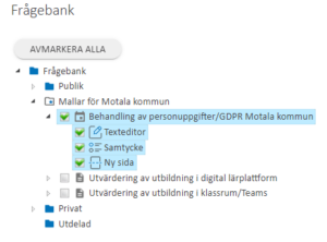Skärmklipp som visar import av frågor kopplade till Behandling av personuppgifter/GDPR i Esmaker.
