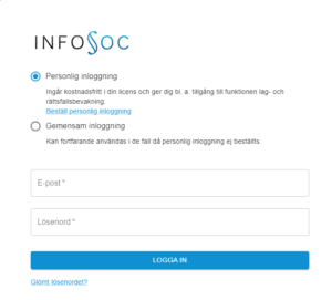 Skärmklipp på inloggningsräta för Infosoc.