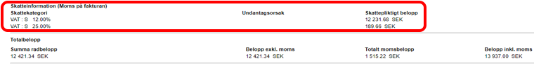 Skärmklipp, skatteinformation markerat.