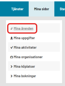 Meny, Mina ärenden markerat.