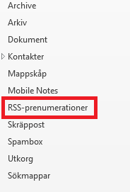 En lista på olika funktioner i Outlook, och RSS-prenumerationer är markerat med en röd ruta.