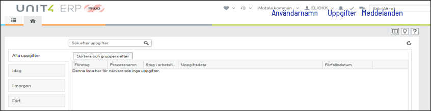 Skärmklipp startskärm som visar användarnamn, uppgifter och meddelanden.