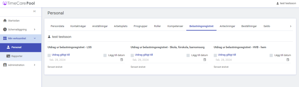 Skärmklipp Timepool, Personal.