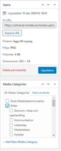 Skärmklipp från bildredgeringsläget där man kan välja kategori, samt klicka på knappen Uppdatera.