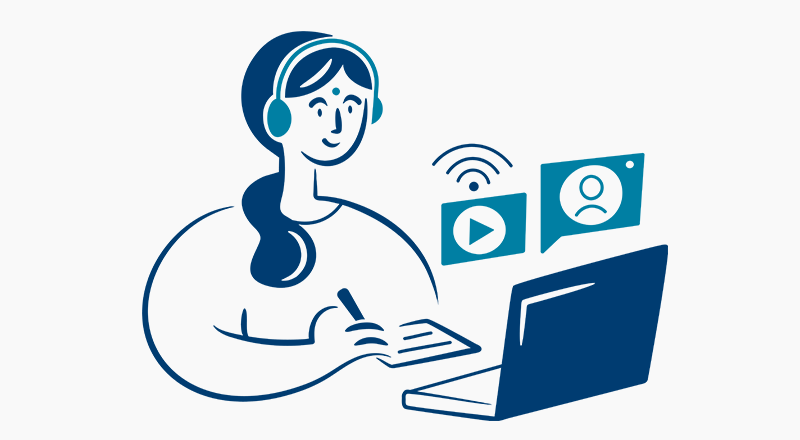 Illustration på människa som sitter vid en dator.